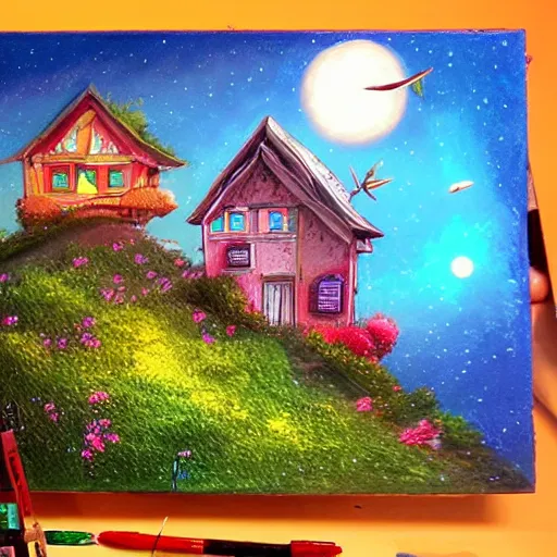 Image similar to beautiful 3 d painting of a colourful house on a hilltop at midnight with small fireflies flying around, in the style of studio ghibli, artstation, unreal engine