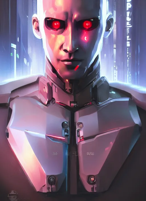 Image similar to bladerunner, cyberpunk, angled facial portrait of a bone ceramic caliente mech humanoid robot Spanish ninja with an attractive bald head and handsome features, large glowing eyes, macho, piroca, dotado, guapo, reflective surface, overwatch, trending on cgsociety, trending on artstation