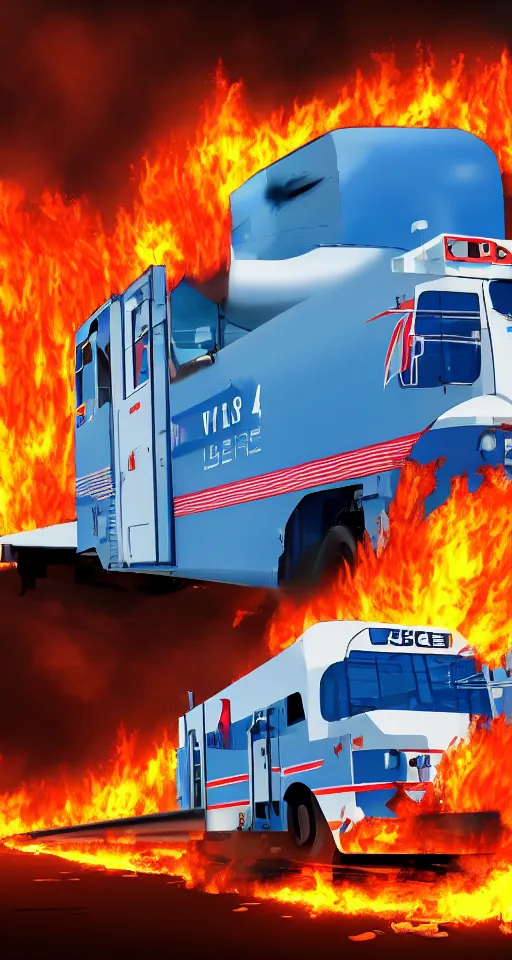 Image similar to high quality anime-style image of a USPS LLV on fire, 4k, digital art, wallpaper