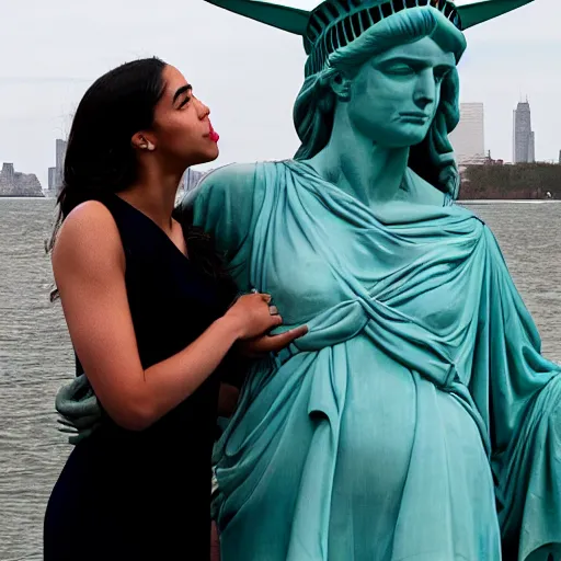 Image similar to lady liberty making out with alexandria ocasio - cortez, very realistic, hyper real, photojournalism