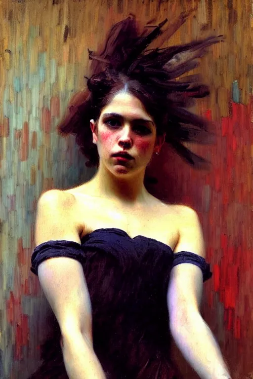 Image similar to impressionist brushstrokes!!!!!!!!! solomon joseph solomon and richard schmid and jeremy lipking victorian loose genre loose painting full length portrait painting of a young beautiful woman punk rocker