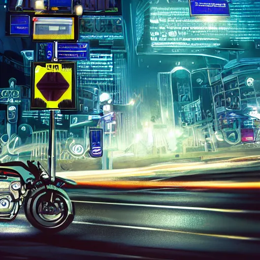 Image similar to extremely detailed and complex poster for night time motorcycle video game, night time, motorcycle, fog, mist, buildings, city, traffic signs, barriers