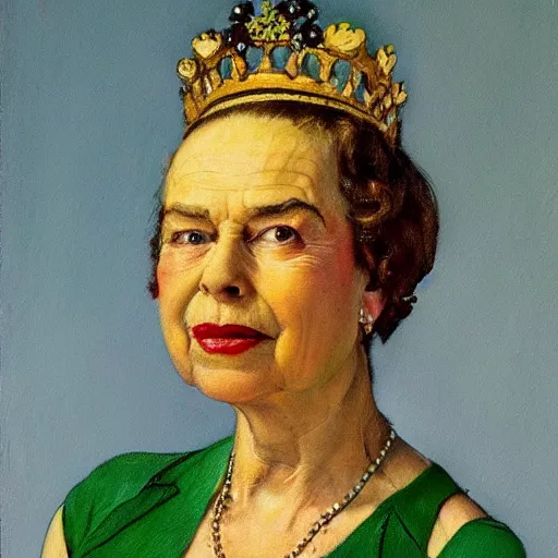 Image similar to Frontal portrait of the queen of avocados. A painting by Norman Rockwell.