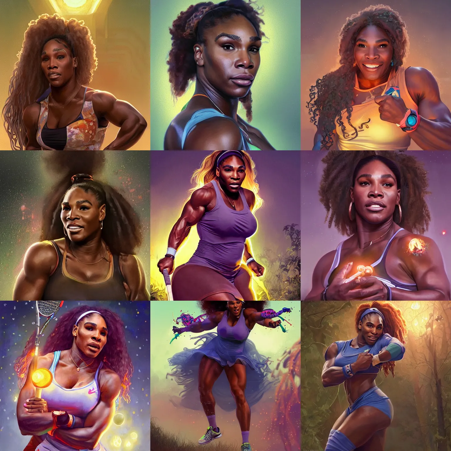 Prompt: portrait of muscled Serena Williams surrounded by zombies on a tennis court, mystical lighting, fireflies bokey, highly detailed, digital painting, artstation, concept art, smooth, sharp focus, illustration, art by artgerm and greg rutkowski and alphonse mucha