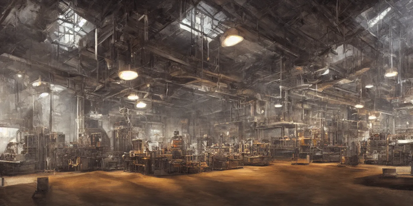 Prompt: factory, cinematic lighting, detailed oil painting, hyperrealistic, 8k