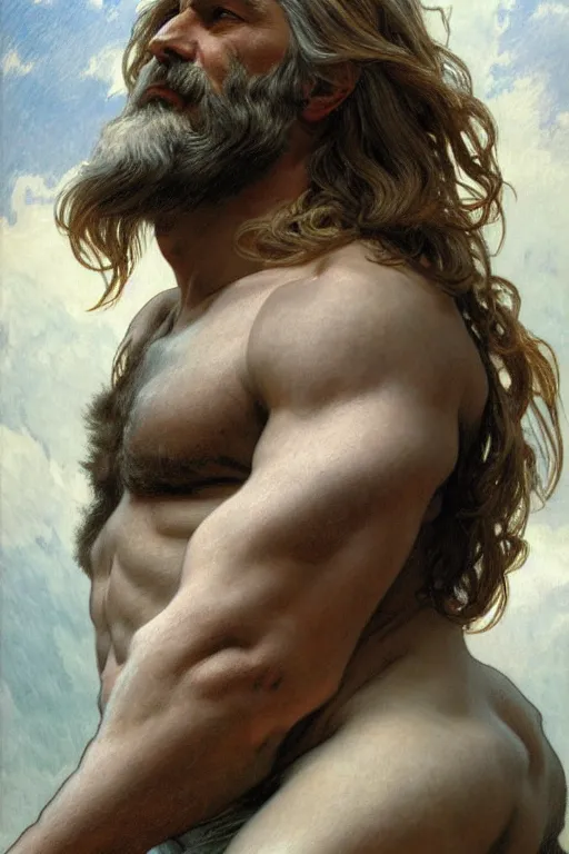 Prompt: painted portrait of rugged zeus, god of thunder, greek god, white hair, masculine, mature, handsome, upper body, flowy robe, muscular, hairy torso, fantasy, intricate, elegant, highly detailed, digital painting, artstation, concept art, smooth, sharp focus, illustration, art by gaston bussiere and alphonse mucha
