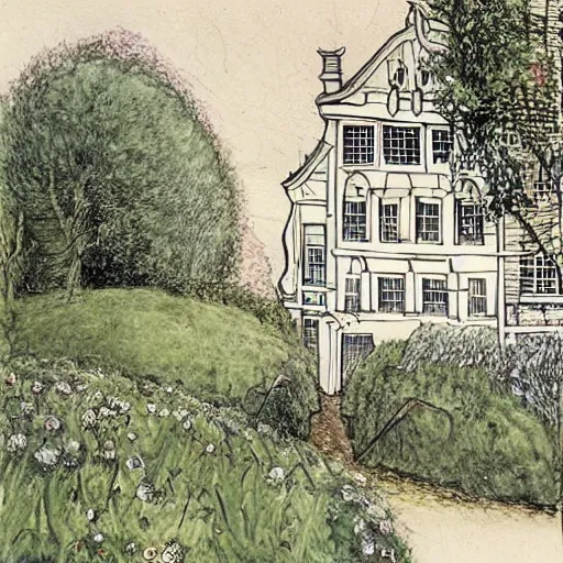 Prompt: white old dutch house, lush garden next to highway, drawing by moebius