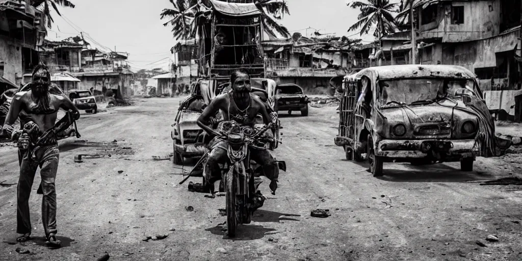 Image similar to sri lankan mad max style, city streets, film still, epic shot cinematography, rule of thirds