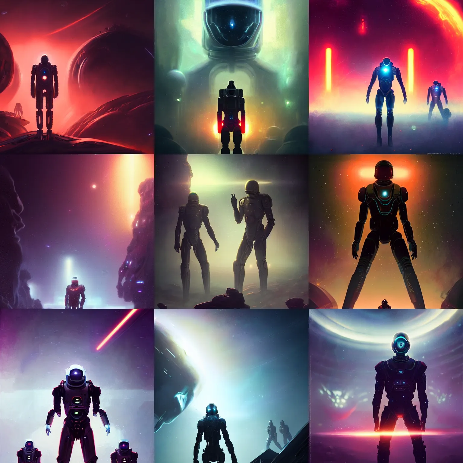 Prompt: humanoid _ royal _ space _ men _ in _ a _ nebula in, mid shot, cinematic, backlight, mist, synthwave futuristic style by greg rutkowski