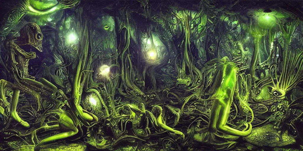 Prompt: ”alien world with psychedelic frogs, beautiful, volumetric lighting, by hr giger”