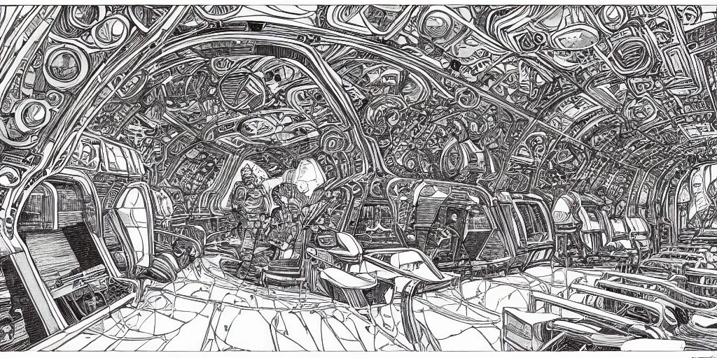 Image similar to cinematic shot of the interior of a sci-fi spaceship made with ornate elven architecture and highly advanced technology, intricate linework, style of Jean Giraud Moebius comic art