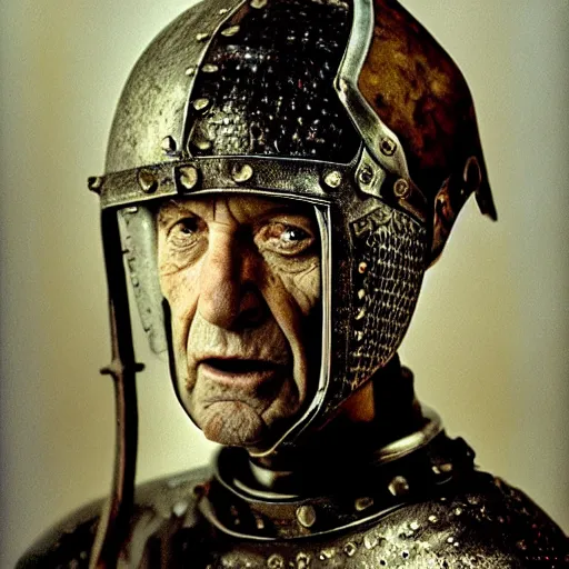 Image similar to portrait of an expressive face of an old medieval knight by annie leibovitz