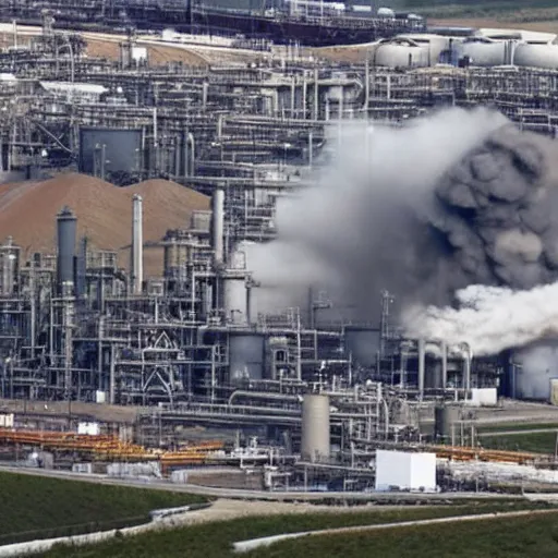 Prompt: an explosion rocks a fuel refinery, set in Madrid