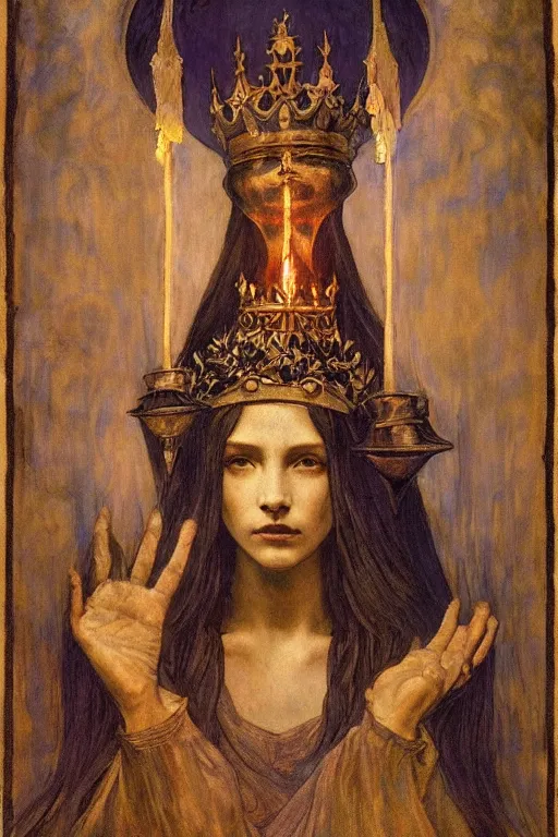 Prompt: child of darkness with her crown and lantern, by Annie Swynnerton and Nicholas Roerich and jean delville, dramatic cinematic lighting , ornate headdress , flowing robes, sacred artifacts, lost civilizations, smooth, sharp focus, extremely detailed