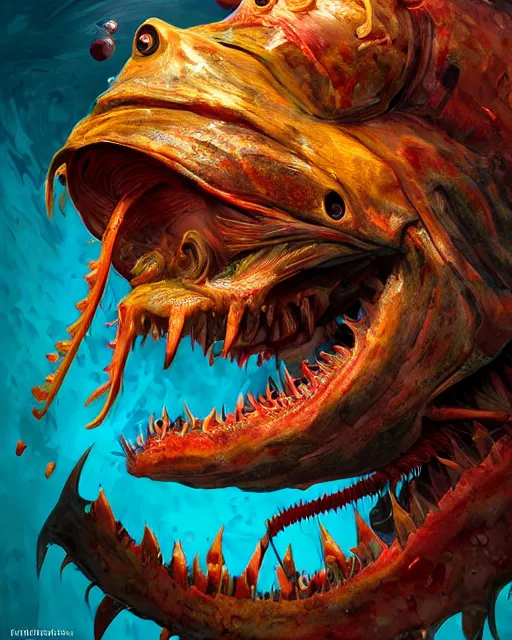 Image similar to portrait of humanoid angler fish, intense, an ultrafine hyperdetailed illustration by kim jung gi, irakli nadar, sharp focus, bright colors, destiny 2, fantasy, d & d, deep sea monster, unreal engine 5, global illumination, radiant light