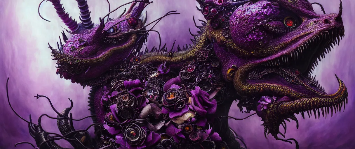 Prompt: hyperrealistic hyper detailed neo-surreal 35mm portrait of cyborg dragon covered in gothic flowers matte painting concept art hannah yata dali very dramatic dark purple lighting low angle hd 8k sharp shallow depth of field