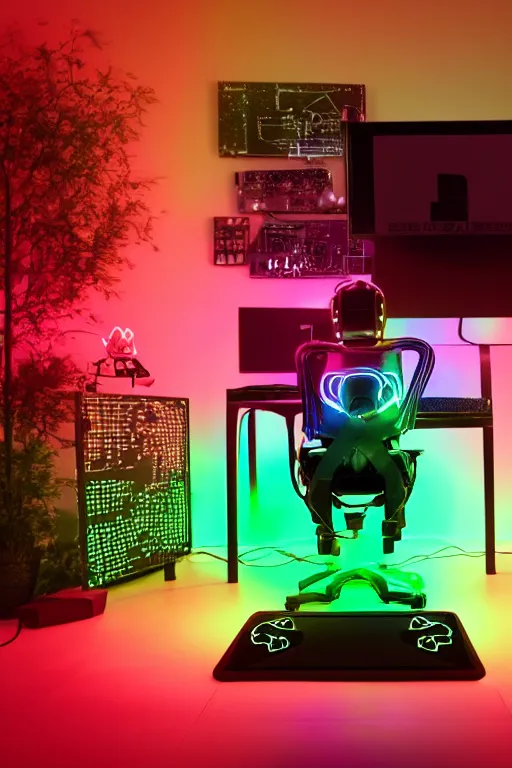 Prompt: young gamer sitting in gaming chair + neon rgb light strips, large computer monitor, galaxy themed room, cute bernedoodle puppy sitting at his feet, 4 k, award winning