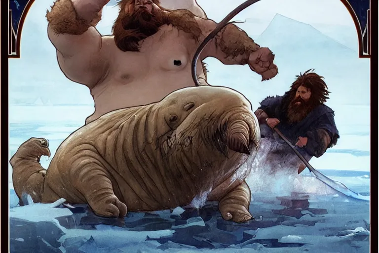 Image similar to a walrus fighting a caveman among on sea ice, stark lighting, water color, art by artgerm and greg rutkowski and alphonse mucha and jin xiaodi and anthony devine