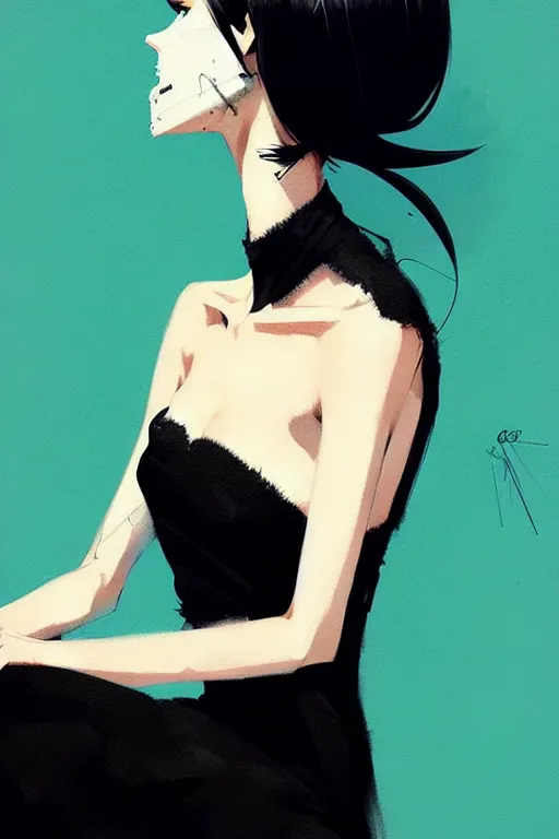 Image similar to a ultradetailed beautiful panting of a stylish woman in a black dress sitting, by conrad roset, greg rutkowski and makoto shinkai trending on artstation