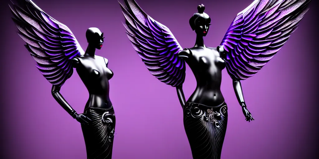 Image similar to a beautiful purple and black 3 d geometrically printed mannequin with angel wings!! in the style of a geisha demon, chrome roses!! dripping black iridescent liquid, winged victory, moody, dramatic, introspective, 4 k, trending on artstation, photorealistic, volumetric lighting, octane render, tarot card with ornate border frame h - 1 0 2 4