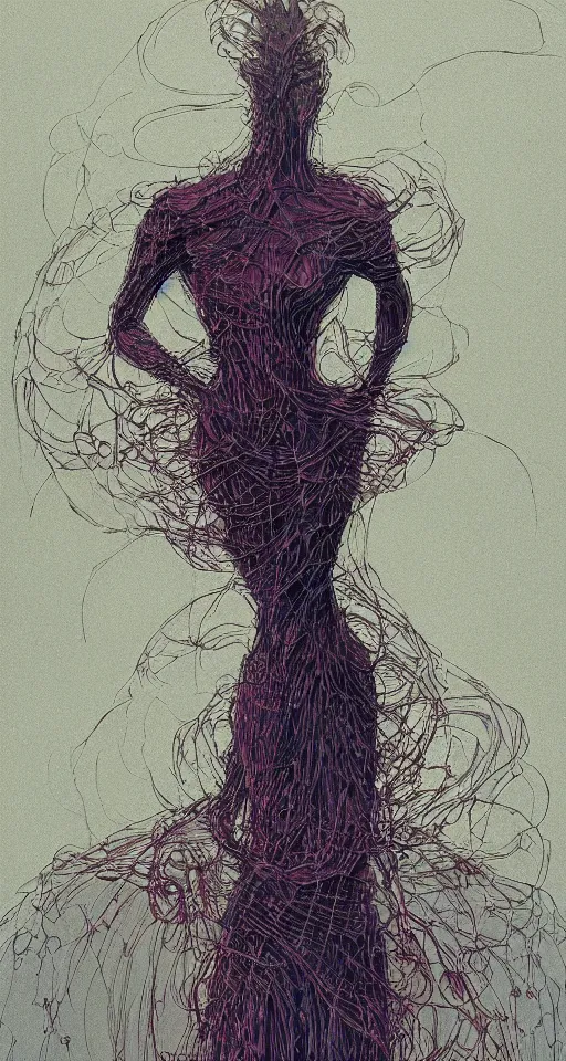 Prompt: a piece called the two sizes too big, a beautiful surrealist rendering portrait of an insecure gorgeous woman by dan mumford and beksinski, wearing a dress by iris van herpen and mulleavy, cinematic lighting, dynamic edgy elegant pose like a dancer, full subject in frame standing on a stage