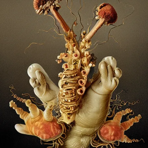 Image similar to disgusting disturbing dutch golden age bizarre mutant insect flower floral still life with many human toes realistic human toes blossoming everywhere very detailed fungus tumor disturbing tendrils bizarre slimy forms sprouting up everywhere by rachel ruysch black background chiaroscuro dramatic lighting perfect composition high definition 8 k 1 0 8 0 p