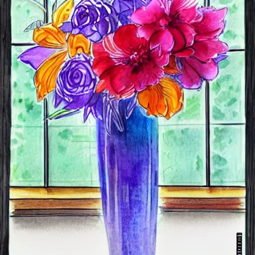 Image similar to a fancy vase with a colorful and beautiful flower arrangement by the fancy window. very stylize and delicate watercolor and pencil drawing. beautiful lighting, 4 k post - processing, trending in art station, cg society, highly detailed, 5 k extremely detailed