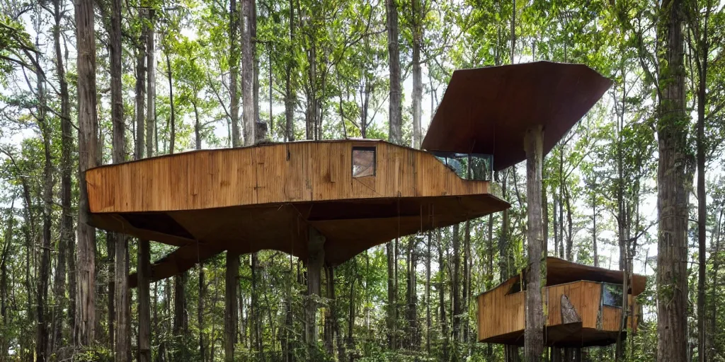 Image similar to sustainable treehouse brutalist architecture