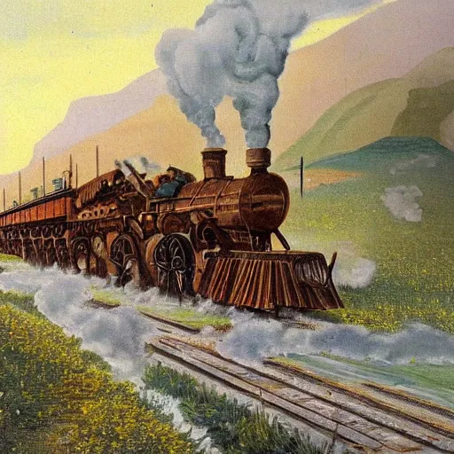 Image similar to western expansion painting, manifest destiny, USA, turn of the century, railroad