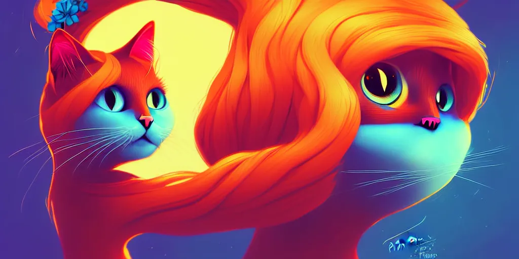 Image similar to curved perspective, extreme narrow, extreme fisheye, digital art of a female cat with ginger hairstyle with blue flower in her hair by anton fadeev from nightmare before christmas