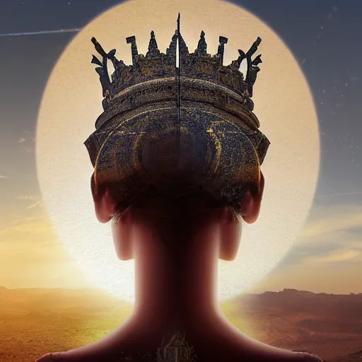 Image similar to double exposure portrait of a beautiful short dark haired feminine queen looking away, over the desertic city of a thousand temples, by leonard de vinci, digital art