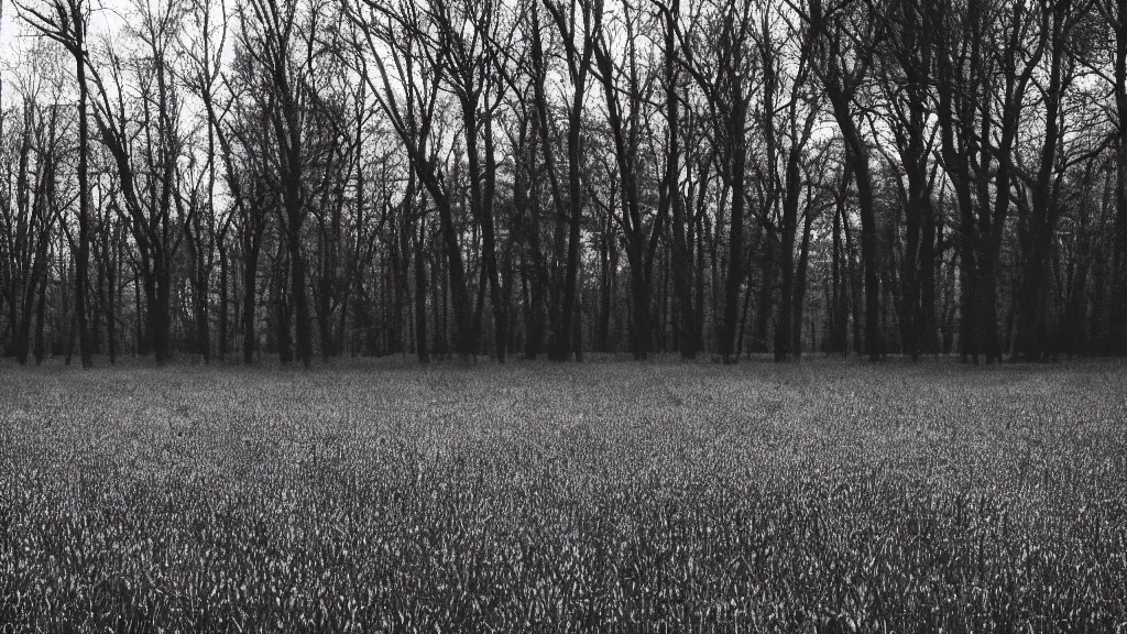 Prompt: a field in a middle of a forest. monochromatic purple filter.