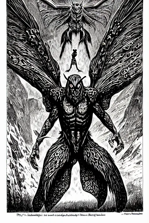 Image similar to mothman as a d & d monster, full body, pen - and - ink illustration, etching, by russ nicholson, david a trampier, larry elmore, 1 9 8 1, hq scan, intricate details, inside stylized border