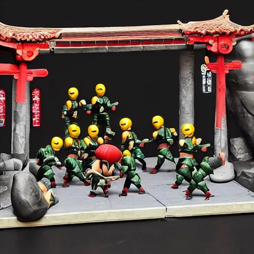 Prompt: photo of nendroid figures inside a diorama, depicting the cute fighters of mortal kombat brutally fighting each other inside a shaolin temple next to a spike - pit.