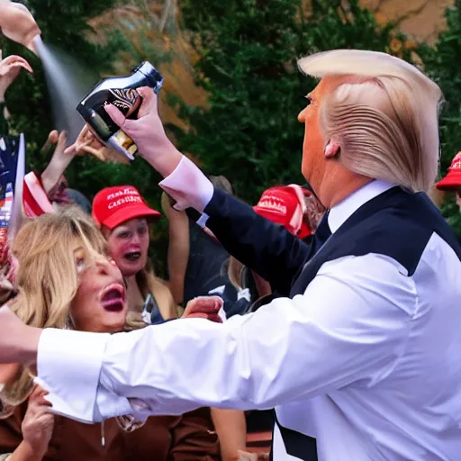 Prompt: donald j. trump spraying chocolate pudding from his mouth onto liberals