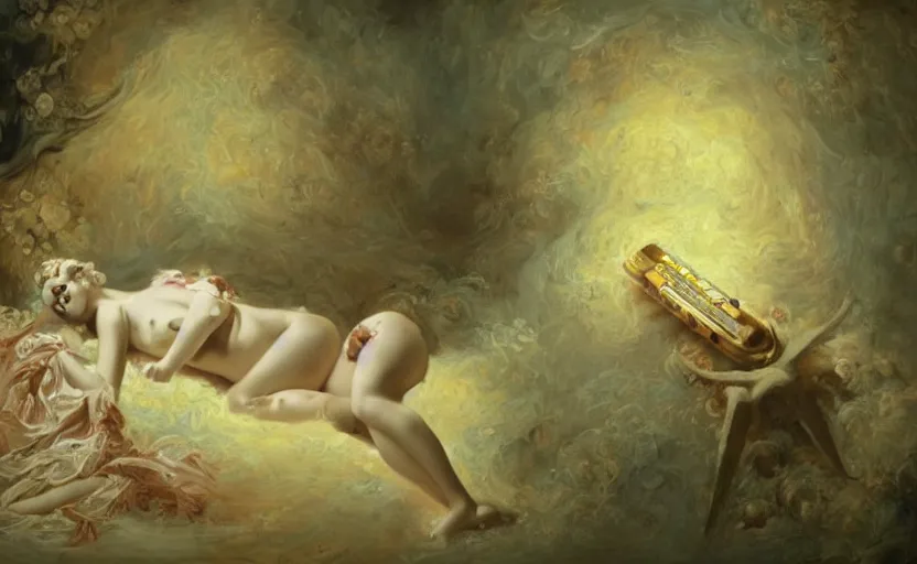 Prompt: a poignant photograph of a serine deep fried meme featuring an art deco liminal space with a sobbing cybernetic angel in fetal position by Jean-Honoré Fragonard, Overwatch screenshot