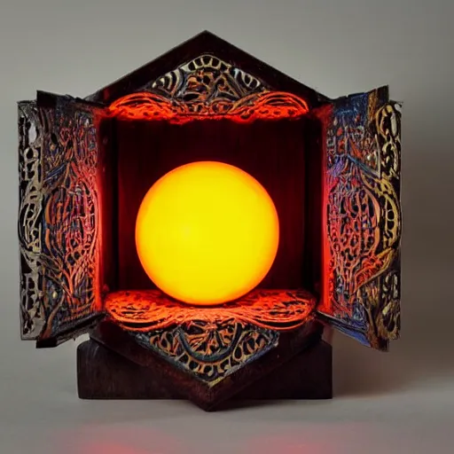 Prompt: a small arabesque carved wooden box with the lid open displaying a magic orange glowing orb inside. tendrils of light emitting from the orb, the box is sitting an scarred wooden tabel top cluttered paper and magazines, hyper detail, dramatic lighting, vignette, art by samma van klaarbergen