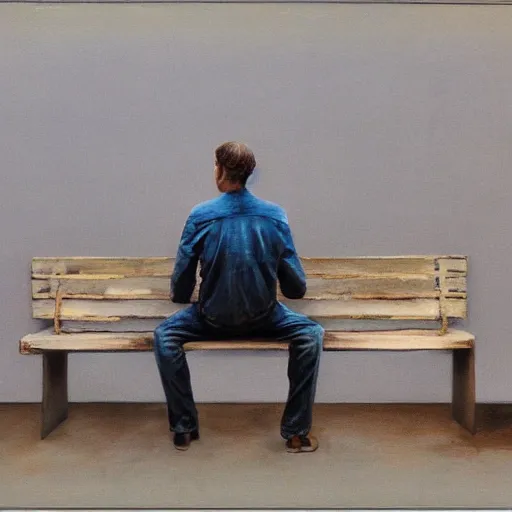 Image similar to a painting of a person sitting on a bench, a photorealistic painting by richard hamilton, behance contest winner, american scene painting, matte drawing, dystopian art, oil on canvas