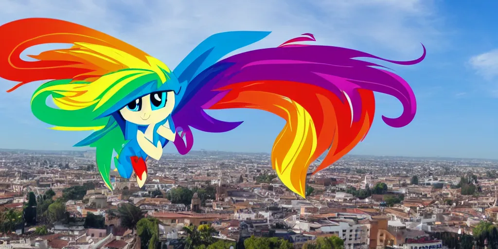 Image similar to rainbow dash flying through the skies of seville