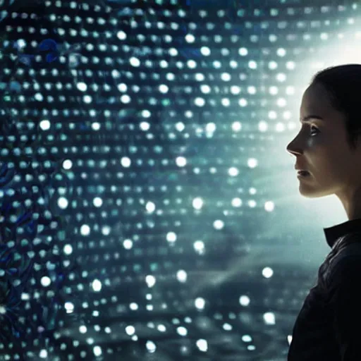 Image similar to woman interacting with small holographic display floating in front of her face, from the expanse ( 2 0 1 5 )
