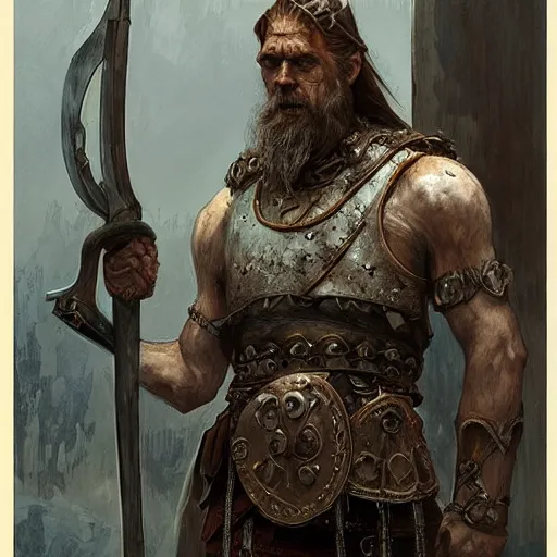 Image similar to rough-skinned, short-bearded undead Viking draugr warrior with ice-pale skin wearing brutalist plate armor with art deco knotwork, by Greg Rutkowski, Brom, and Alphonse Mucha