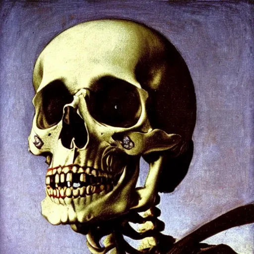 Prompt: a portrait of a skeleton with a sacred halo behind his head and a buquet of roses, by caravaggio