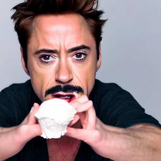 Image similar to a full portrait photo of robert downey jr eating ice cream in movie iron man, f / 2 2, 3 5 mm, 2 7 0 0 k, lighting, perfect faces, award winning photography.