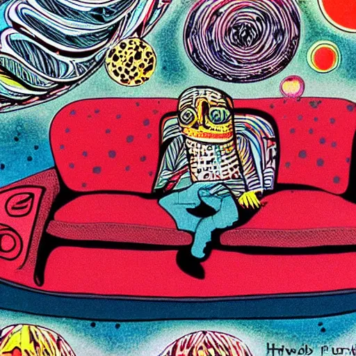 Image similar to psychedelic trippy couch pine forest planets milky way sofa cartoon by howard finster