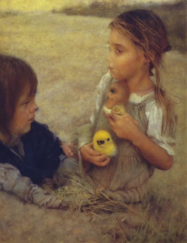 Prompt: portrait of little peasant girl with chick, cottage core, cinematic focus, polaroid photo bleached vintage pastel colors high - key lighting, soft lights, foggy, by steve hanks, by lisa yuskavage, by serov valentin, by tarkovsky, 8 detailed, oil on canvas