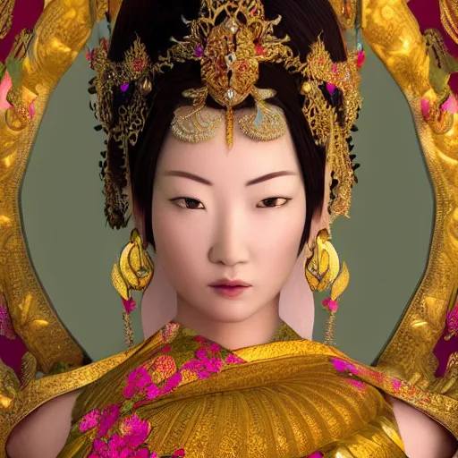 Image similar to an asian female goddess, ornate, headpiece, 8 k, photorealistic, intrinsic details, trending in artstation