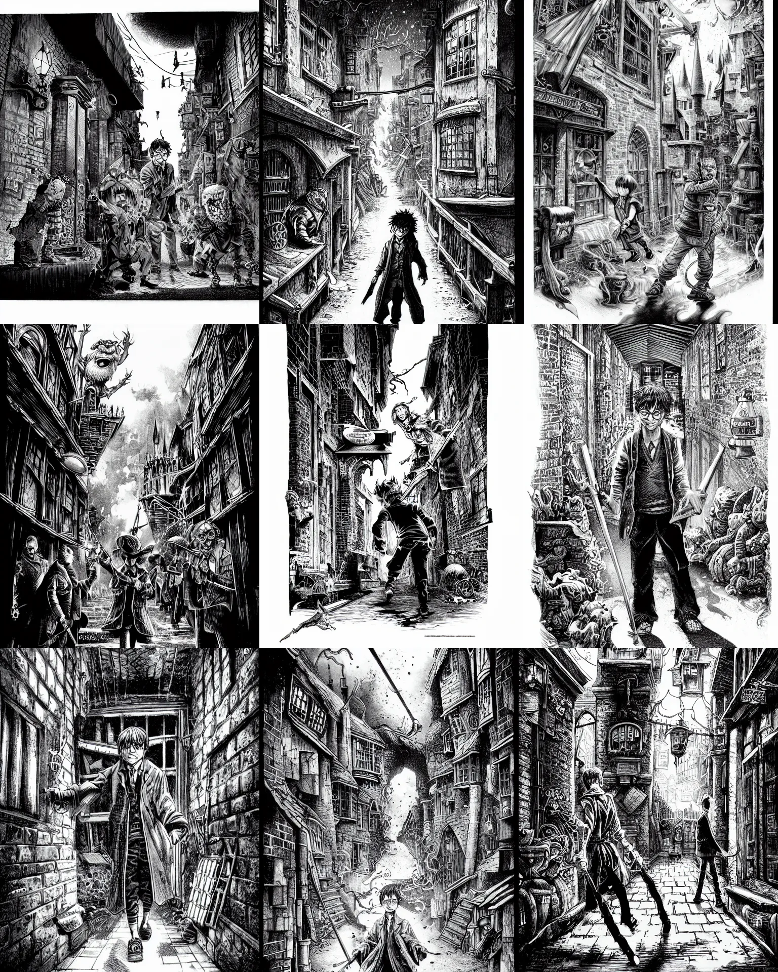 Prompt: highly detailed ink illustration of harry potter on a dark alley, b & w clean shaped illustration by kim jung gi, ric estrada, ron english and eiichiro oda