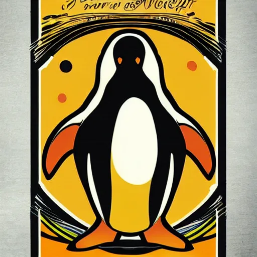 Image similar to powerful penguin in the style of art nouveau. lively. colorful. hd.