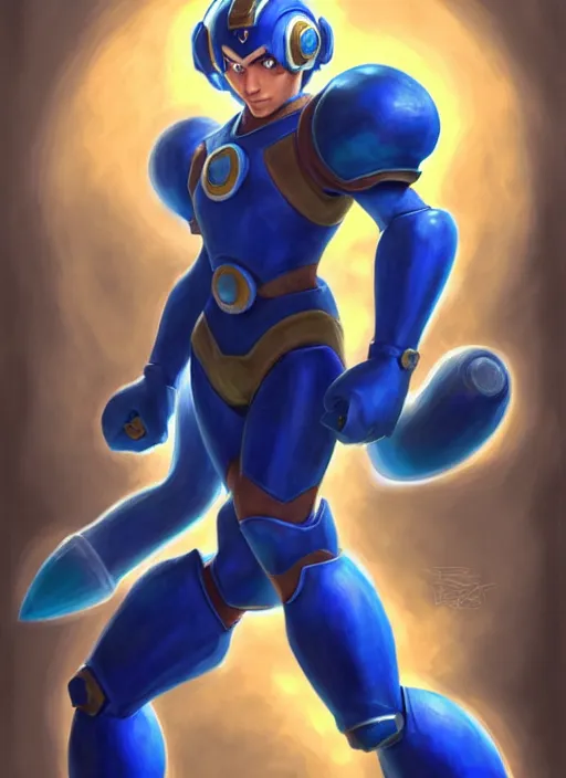 Image similar to Megaman as a fantasy D&D character, portrait art by Donato Giancola and James Gurney, digital art, RPG portrait, unreal 5, trending on artstation