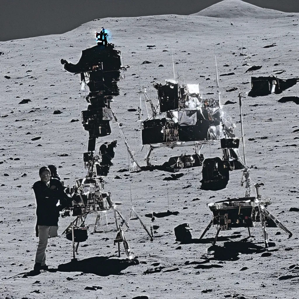 Image similar to a 1960s photo of Stanley Kubrick on a movie set of the moon surface next to the eagle lander, 8K HD, old photo, highly detailed